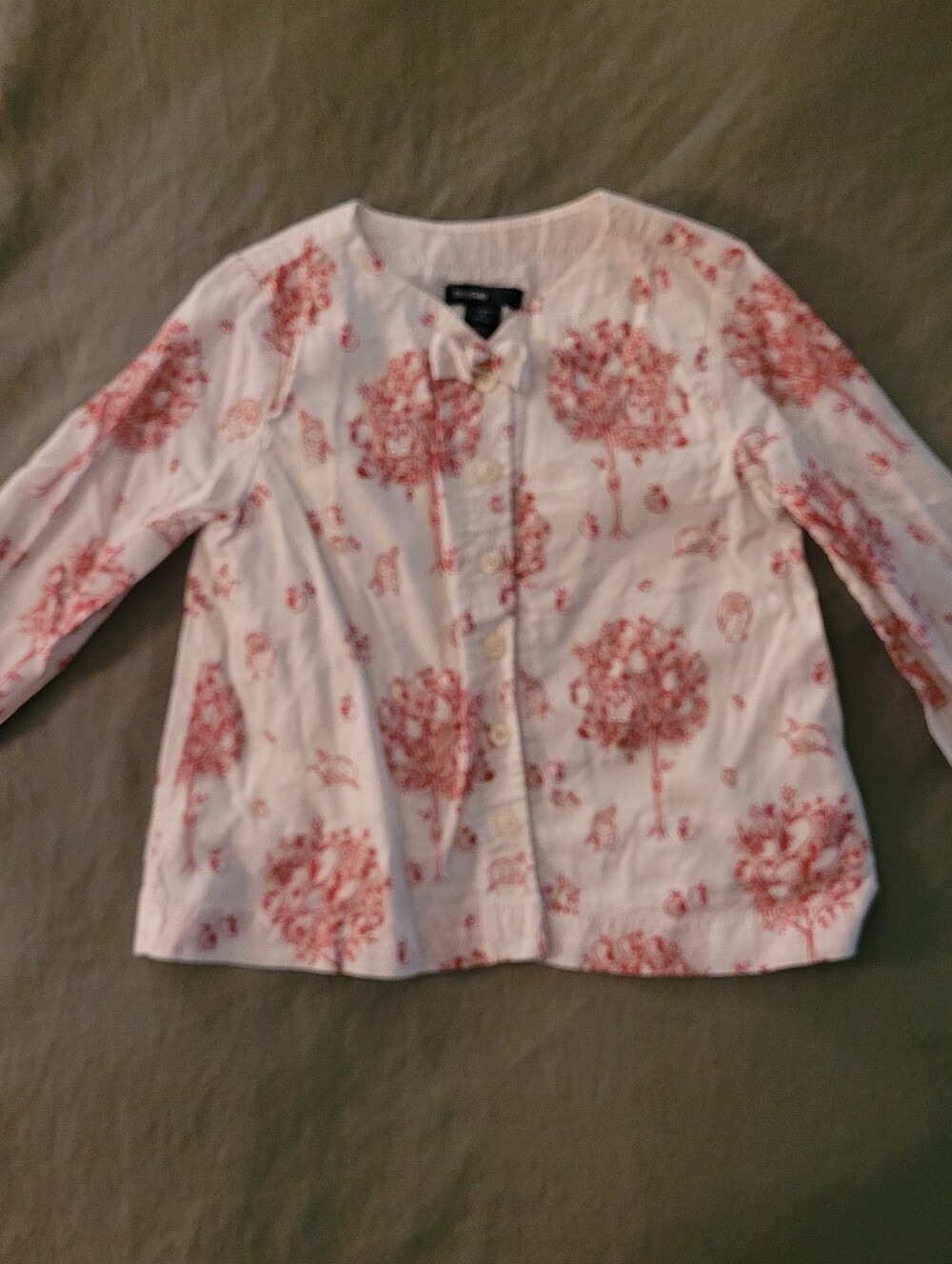 Baby Gap Girls Red Toile Print Button Front Blouse Size 4T Bow Detail